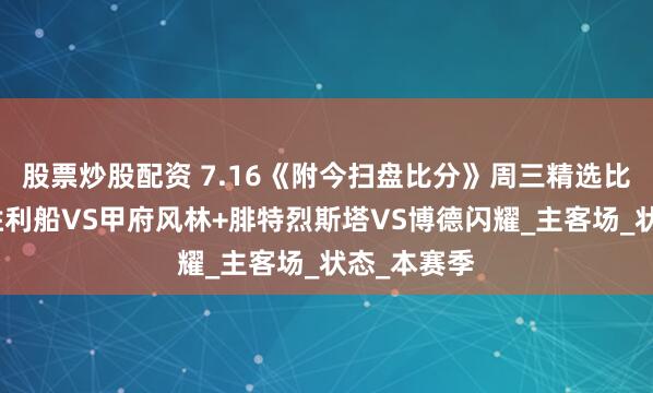股票炒股配资 7.16《附今扫盘比分》周三精选比赛：神户胜利船VS甲府风林+腓特烈斯塔VS博德闪耀_主客场_状态_本赛季